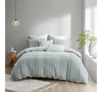 INK+IVY Kara 100% Cotton Duvet Mid Century Modern Stripe Jacquard Design Reverse to Diamond Print, All Season Comforter Cover Bedding Set, Matching Shams, Full/Queen(88"x92"), Aqua 3 Piece