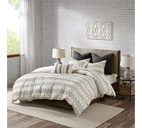 INK+IVY Rhea 100% Cotton Duvet Set Mid Century Modern Boho Design, All Season Comforter Cover Bedding Set, Matching Shams, Full/Queen, Geometric Clipped Jacquard Ivory 3 Piece