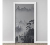 Ink Landscape Painting 3D Door Stickers Self Adhesive, Mountain Stream Wallpaper Peel and Stick, Chinese Arch Bridge Door Murals, PVC Waterproof Door Decal for Bedroom Living Room 77x200 cm Y5h101