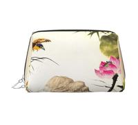 Ink Lotus Painting Print Makeup Bag Portable Leather Waterproof Cosmetic Bag Clutch Makeup Brush Bag (6.7x4.3in)