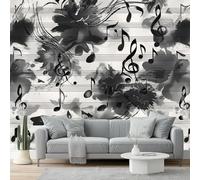 Ink Music Photo Wallpaper Nursery, 300 X 210 Cm Non-Woven Premium Black and White Musical Notes Ink Painting Print Fleece Wall Mural Decoration Poster Picture Design for Living Room Bedroom