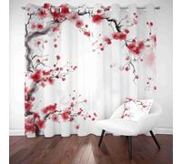 Ink Painting Cherry Blossom Curtains for Bedroom and Living Room Japanese Plum Blossom 3D Printed Blackout Drapes, Thermal Grommet Top Curtain Panels for Kids & Girls Bedroom, Set of 2 W 66" x L 72"