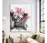 Ink Painting Cherry Blossoms Posters Decorative Painting Canvas Wall Art Chinese Architecture Decorative Posters, Beige Living Room Decor Wall Pictures 16X24In (40X50Cm)