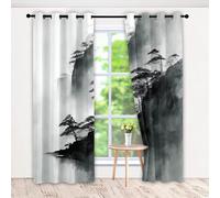 Ink Painting Curtains for Bedroom, 3D Mountain River Tree Print Eyelet Blackout Curtains, Chinese Landscape Drapes Thermal Insulated Curtain for Kitchen Living Room, 2 Panels (33 x 45 Inch)