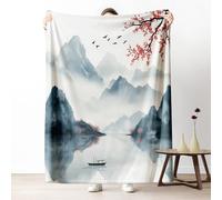 Ink Painting Landscape Fall Throw Blanket for Couch, Lake Mountain Floral Fleece Blanket for Bed, Chinese Culture Art Cozy Blankets 40"x60" Soft Warm for All Season Camping Travel Picnic