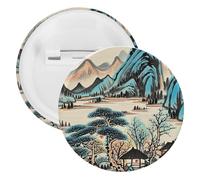 Ink Painting Mountain Tree Badge Metal Round Pins, Lightweight Brooch for Backpack, Fashion Button Pins Badge for Shirts, Jackets, Shawl Coat, Unisex, 5PCS, Tinplate, metal round pins