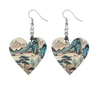 Ink Painting Mountain Tree Wooden Earrings for Women, Vintage Elegant Wood Jewelry, Lightweight Earrings for Wedding, Party, Everyday Jewelry Gift, Love, Wood, wood