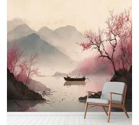Ink Painting Mountains Boat Wall Decals, Stream River Tree Wall Mural Waterproof Vinyl Murals, Nature Landscape Stickers Peel and Stick Wallpaper for Home Office Decoration 352x250 cm