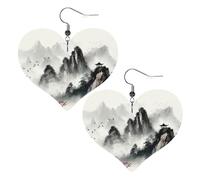 Ink Painting Style Mountain Leather Earrings Dangle Drop for Women Lightweight Heart Dangle Earrings Jewelry Fashion Pendant and Valentine Birthday Party Gift