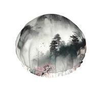 Ink Painting Style Mountain Shower Cap for Women Double Layers Thick Hair Caps Reusable Waterproof Bath Caps with Elastic Band Hair Hat Washable Shower Hat for Men Women Spa Salon