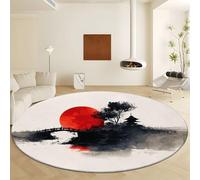 Ink Painting Style Round Rug 200 cm for Living Room, Washable Circle Entrance Rug Non Slip Round Doormat Indoor Mountain Outline Sunset Printed Carpet Bedroom Study Home Office Decor