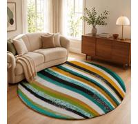 Ink Splatter Stripes Round Rug, 100cm | Hand-Painted Graffiti Texture Washable Area Rug Soft, Non-slip, Circular Rugs for Living Rooms, Featuring a Non-slip Backing Carpet for Entryways, Turquoise