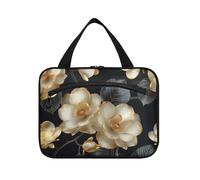 Ink Style Camellia Gold hanging makeup bag with hook, designer chic for trip essentials bolso de mano para hombre L, ink style Camellia Gold, Modern