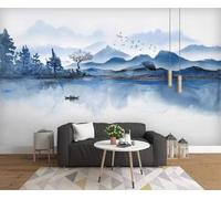 Ink Wash Blue Landscape Trees Birds in Flight 3D Wallpaper Textured Silk Easy Install Living Room Sofa Bedroom Dining Room Home Decoration Wall-250cm×170cm