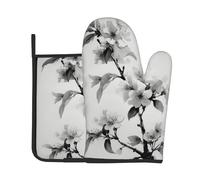 Ink Wash Cherry Blossoms Print Oven Mitts And Pot Holders Sets 7"X11" Kitchen Essentials 2-Piece Set Bbq, Baking