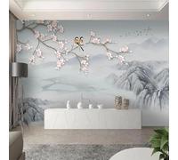 Ink Wash Landscape Mountains Branches Flowers Birds Modern 3D Wallpaper Premium Textured Silk Neutral Tones Material Ideal for Living Room Bedroom-150cm×105cm