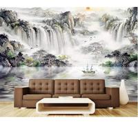 Ink Wash Landscape Waterfall Small Boat Sunrise 3D Wallpaper Textured Silk Easy Install Living Room Sofa Bedroom Dining Room Home Decoration Wall-150cm×105cm