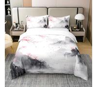 Ink Wash Painting 100% Cotton Duvet Cover Single Size,Chinese Art Style Bedding Sets 2Pcs for Kids Girls Teens Room Decor,Pink Cherry Blossom Comforter Cover Mountain Scenery Quilt Cover,1 Pillowcase