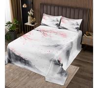 Ink Wash Painting Bedspread Single Size,Chinese Art Style Bedding Sets 2Pcs for Kids Girls Boys Room Decor,Pink Cherry Blossom Comforter Set Mountain Scenery Quilt Coverlet,1 Pillowcase