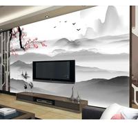 Ink Wash Painting Landscape Flying Birds Tree Branches Flowers Modern 3D Wallpaper Premium Textured Silk Neutral Tones Material Ideal for Living Room Bedroom-200cm×140cm