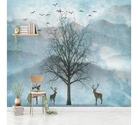 Ink Wash Painting Mountain Peaks Trees Flying Birds Elk Modern 3D Wallpaper Premium Textured Silk Neutral Tones Material Ideal for Living Room Bedroom-300cm×210cm