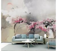 Ink Wash Pink Forest Architecture Flying Birds 3D Wallpaper Easy Install Feature Office Living Room Sofa Bedroom TV Background Wall Decoration-250cm×170cm