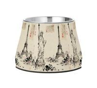 Ink Wash Statue of Liberty & Eiffel Tower Dogs Feeding Bowls Non Skid Stainless Steel Cat Food Dishes for Slow Feed Dogs Whisker Relief