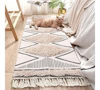 INKAROBOX Cotton Rug, Tufted Cotton Rug, Washable with Tassels, Woven Geometric Shag Throw, Boho Area Rug for Laundry Room/Bedroom (Beige, 60 x 180 cm)