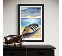 INKati Wooden Fishing Boat on a Sandy Seashore / 40x60cm Premium 100% Cotton Wall Art/Medium-Large Size Fine Art Supplied Rolled and Frameless