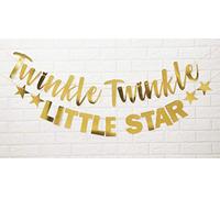 Inkdotpot Twinkle Twinkle Little Star Pre-Assembled Cursive Bunting Flags Metallic Gold Baby Shower Decor Gender Reveal Bunting Banner