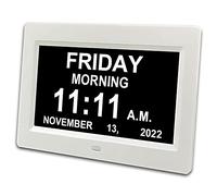 Inker 2024 Digital Calendar Day, 7.2'' Large HD Screen, am pm, 8 Alarm Dementia Clock, Extra Impaired Vision People, and Aged Seniors, Bed, Desk, Wall (Adapter Not Included), White