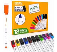 Inkspire 12 Pack Magnetic Whiteboard Markers, Bullet Tip Coloured Whiteboard Pens with Built in Eraser Cap, Low Odor, Refillable, Strong Magnet Grip, Quick Dry White Board Pens for School, Office