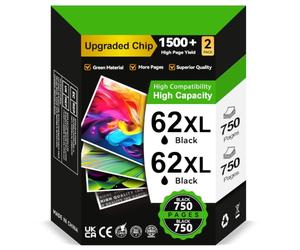 INKYEAH 62XL High Yield Ink Cartridges Black- 2X 750 Pages, Replacement for HP 62 Black Ink Cartridges Original, Printer Ink 62 XL for OfficeJet 200 250 5742 5740 Envy 7640 5540 5640 5646