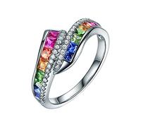 Inlaid Diamond Rainbow Colored Gemstone Ring Finger Jewelry Birthday Proposal Gift Bridal Engagement Party Ring Twin Rings (E, One Size)