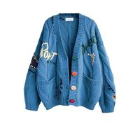 INLANDSIS Women's Cute Cable Knit Open Front Cardigan, Kawaii Long Sleeve Button Down Embroidered Sweater Coat, V Neck Rainbow Outwear (Mist Blue)