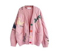 INLANDSIS Women's Cute Cable Knit Open Front Cardigan, Kawaii Long Sleeve Button Down Embroidered Sweater Coat, V Neck Rainbow Outwear (Pink)