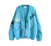 INLANDSIS Women's Cute Cable Knit Open Front Cardigan, Kawaii Long Sleeve Button Down Embroidered Sweater Coat, V Neck Rainbow Outwear (Light Blue)