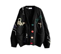 INLANDSIS Women's Cute Cable Knit Open Front Cardigan, Kawaii Long Sleeve Button Down Embroidered Sweater Coat, V Neck Rainbow Outwear (Black)