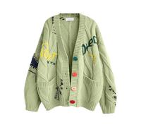 INLANDSIS Women's Cute Cable Knit Open Front Cardigan, Kawaii Long Sleeve Button Down Embroidered Sweater Coat, V Neck Rainbow Outwear (Grass Green)