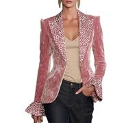 INLANDSIS Women's Long Puff Sleeve Lapel V Neck Button Leopard Printed Velvet Coats, Notched Lapel Single Button Blazer with Pockets (Pink-1,L)