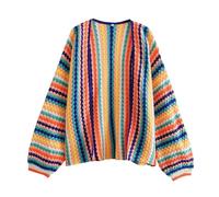 INLANDSIS Women's Rainbow Cardigan, Long Sleeve Colorful Color Block Striped Oversized Crop Soft Chunky Cable Knitted Crochet Knitwear (Rainbow,L)