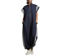 INLANDSIS Women's Side Striped Zip Up Jumpsuit Stand Collar Short Sleeve Loose Wide Leg Romper With Pockets (Dark blue,M)