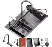 inless Steel Kitchen Sink 80x50 cm, Clete Accessory Set with 1 Basin, Retractable Faucet, Dish Rack, Draining Baskets & Siphon Included - Modern Design