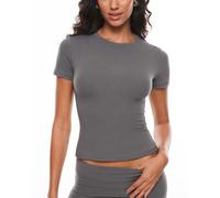 INLYRIC Women's Summer Short Sleeve Tops - Cotton Trendy Cute Basic Casual Crew Neck Double Lined T Shirts Tees Tops Lava Smoke Grey 8