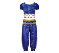 inlzdz 3Pcs Kids Girls Sequins India Belly Dance Costume Princess Dress up Outfit Crop Top with Harem Pants Hip Scarf Set Blue 3Pcs/Set A 8-12 Years