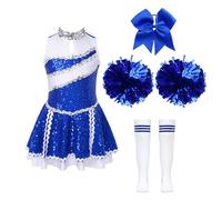 inlzdz 4pcs Kids Girls Cheerleading Costume Sleeveless Sequins Sports Cheer Leader Dress Uniform 4pcs Set Blue 11-12 Years