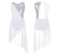 inlzdz Big Girls Ballet Lyrical Dance Costume Sequins Latin Modern Contemporary Dance Irregular Leotard Dress White 9-10 Years