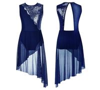 inlzdz Big Girls Ballet Lyrical Dance Costume Sequins Latin Modern Contemporary Dance Irregular Leotard Dress Navy Blue 13-14 Years