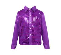 inlzdz Boys Kids Long Sleeve Shiny Sequin Shirt Hip-hop Jazz Stree Choir Dance Shirt Top Stage Fancy Costume Purple 4-5 Years