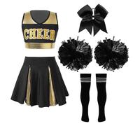 inlzdz Cheer Leader Costume for High School Girls Cheerleading Uniform 5Pcs Outfits A Black&White 9-10 Years